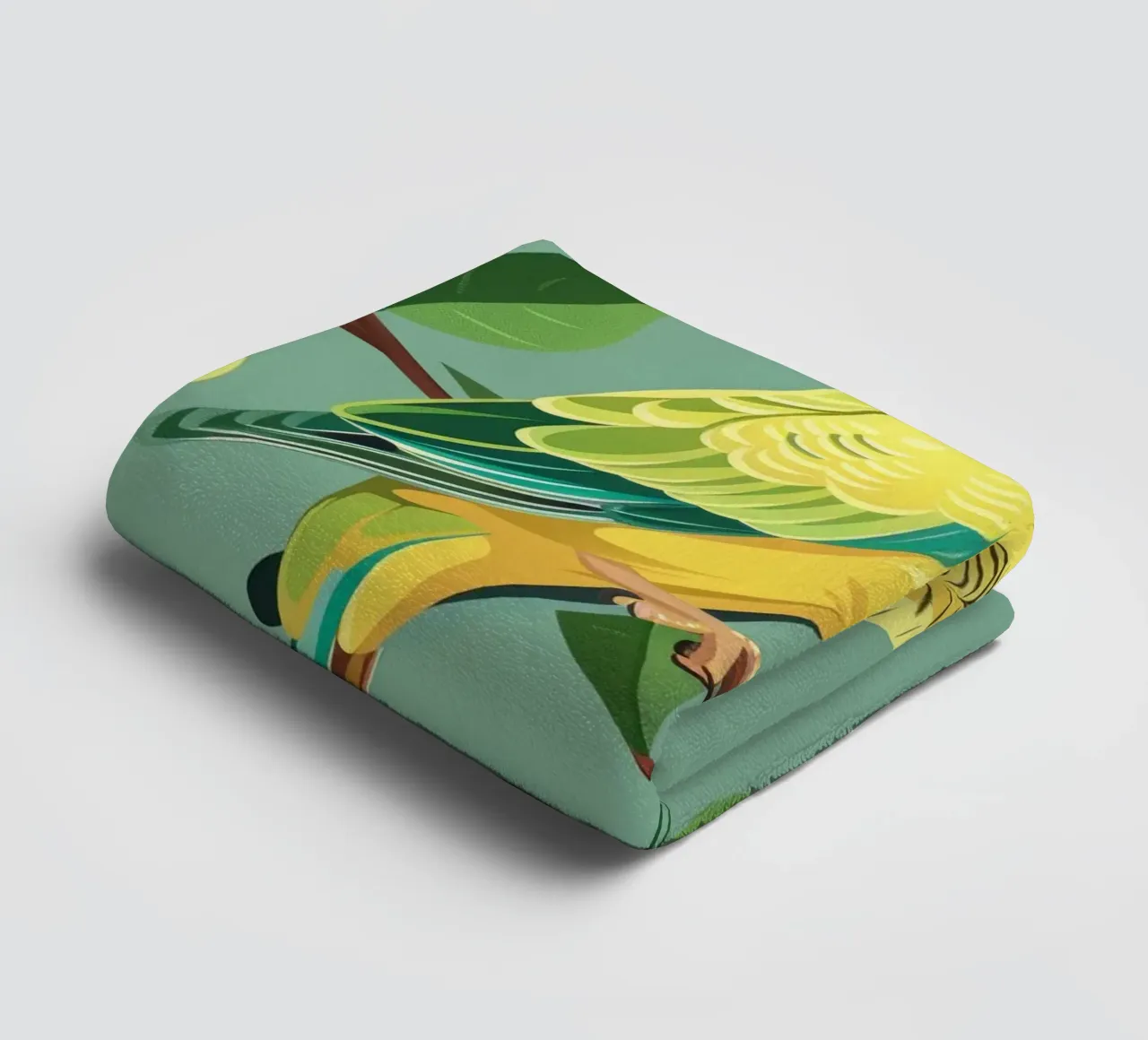 Budgerigar perched on a branch surrounded by green leaves towel by DesignDoodle