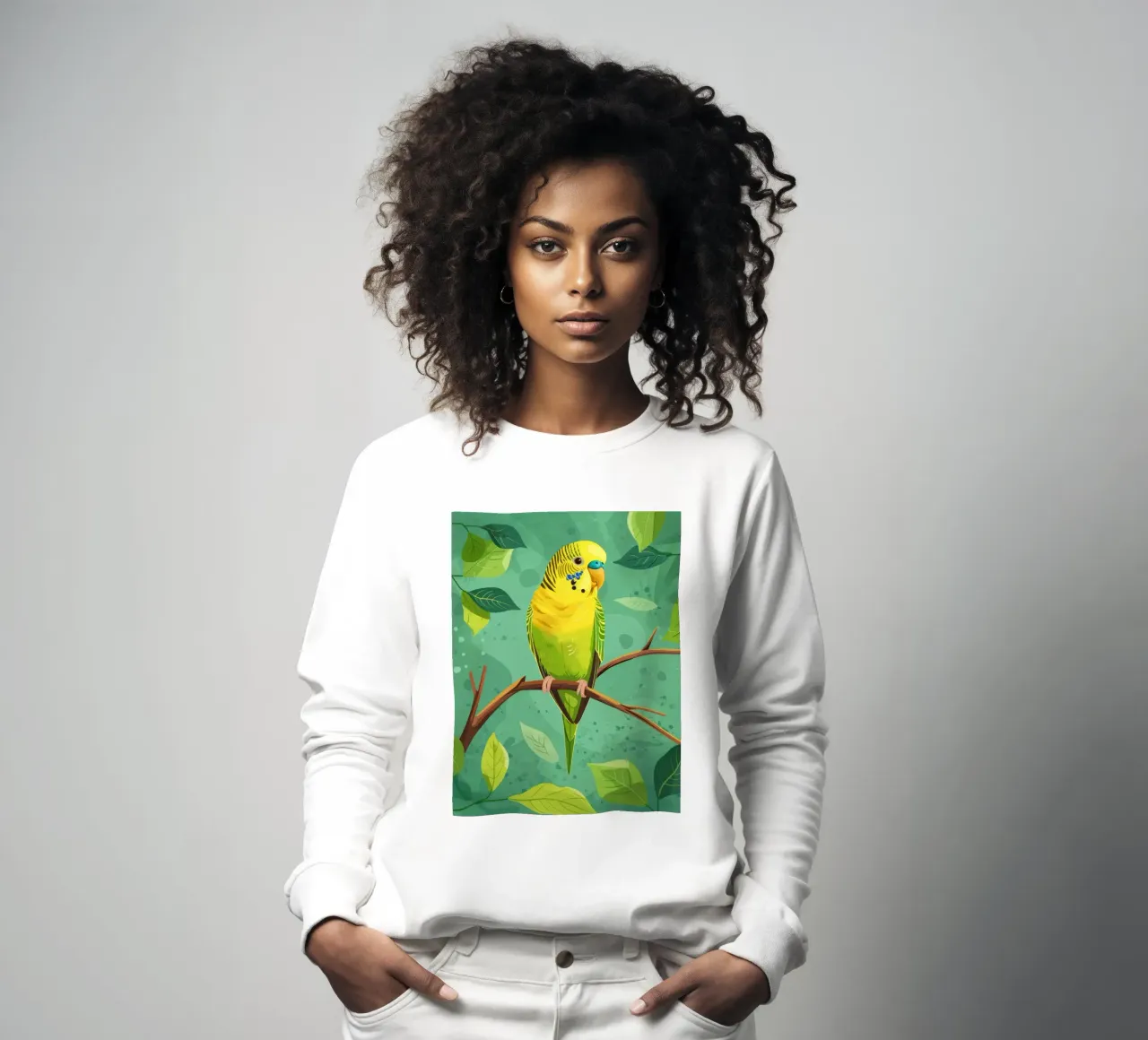 Pappagallino giallo verde appollaiato su un ramo con foglie felpa da DesignDoodle