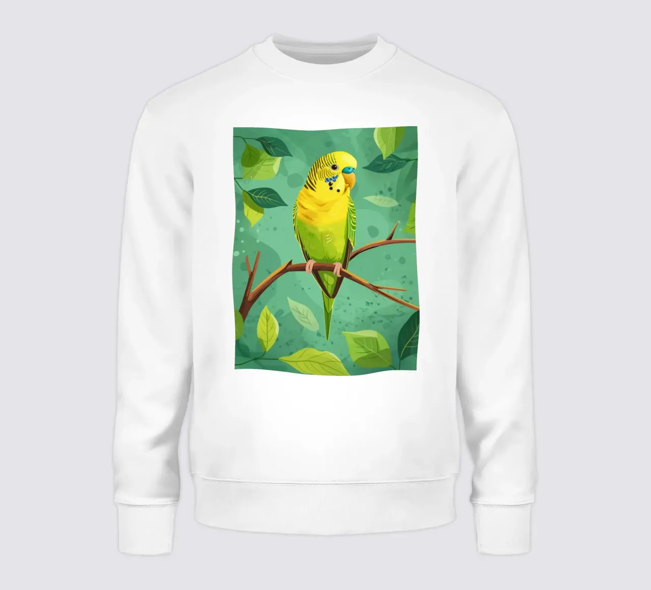Pappagallino giallo verde appollaiato su un ramo con foglie felpa da DesignDoodle