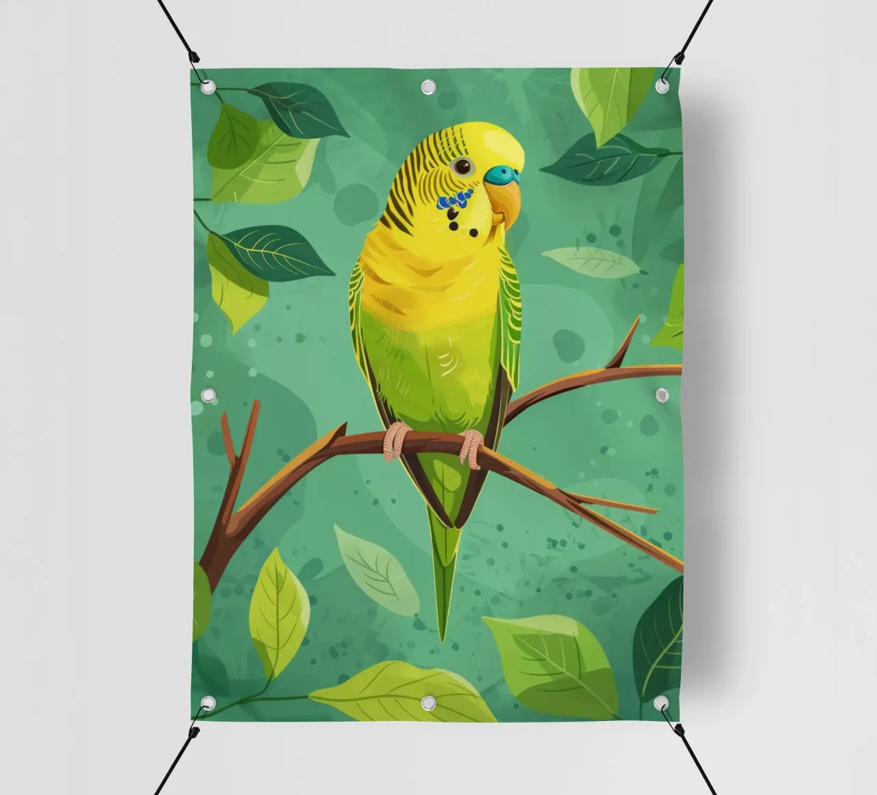 Pappagallino giallo verde appollaiato su un ramo con foglie telo in pvc da DesignDoodle