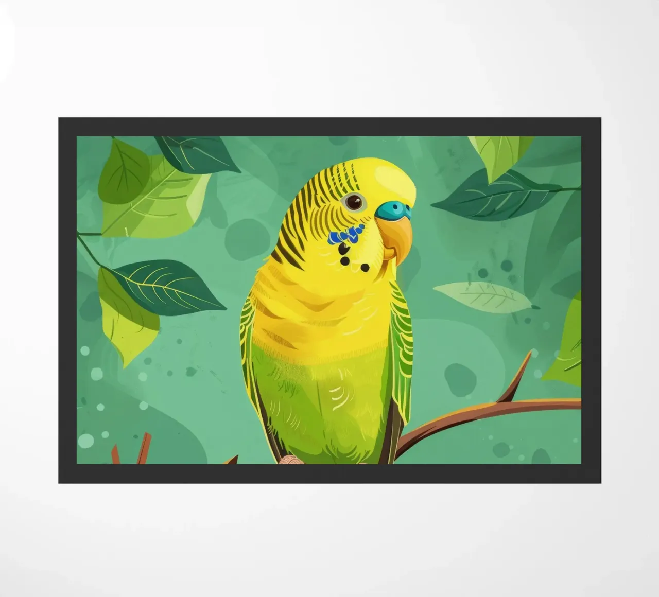 Pappagallino giallo verde appollaiato su un ramo con foglie zerbino da DesignDoodle