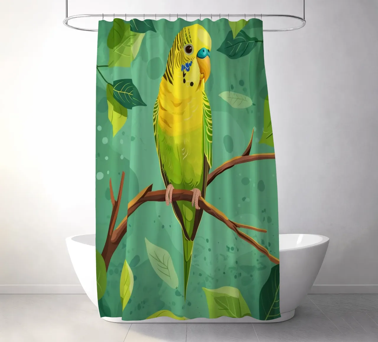 Gelbgrüner Sittich auf einem Zweig mit Blättern sitzend Duschvorhang von DesignDoodle