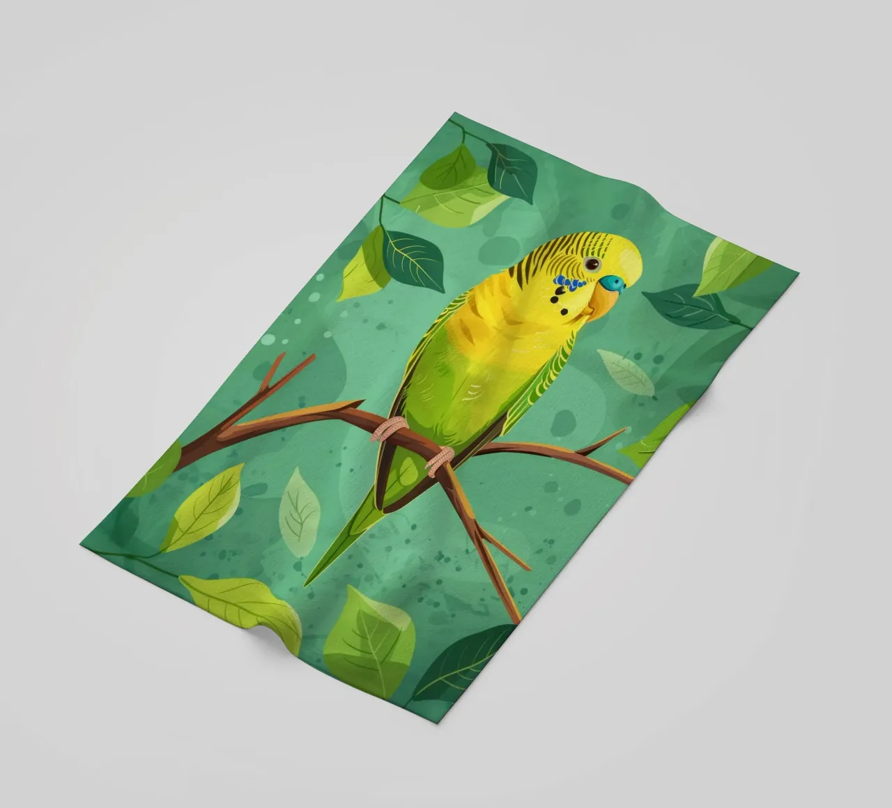 Pappagallino giallo verde appollaiato su un ramo con foglie telo mare da DesignDoodle