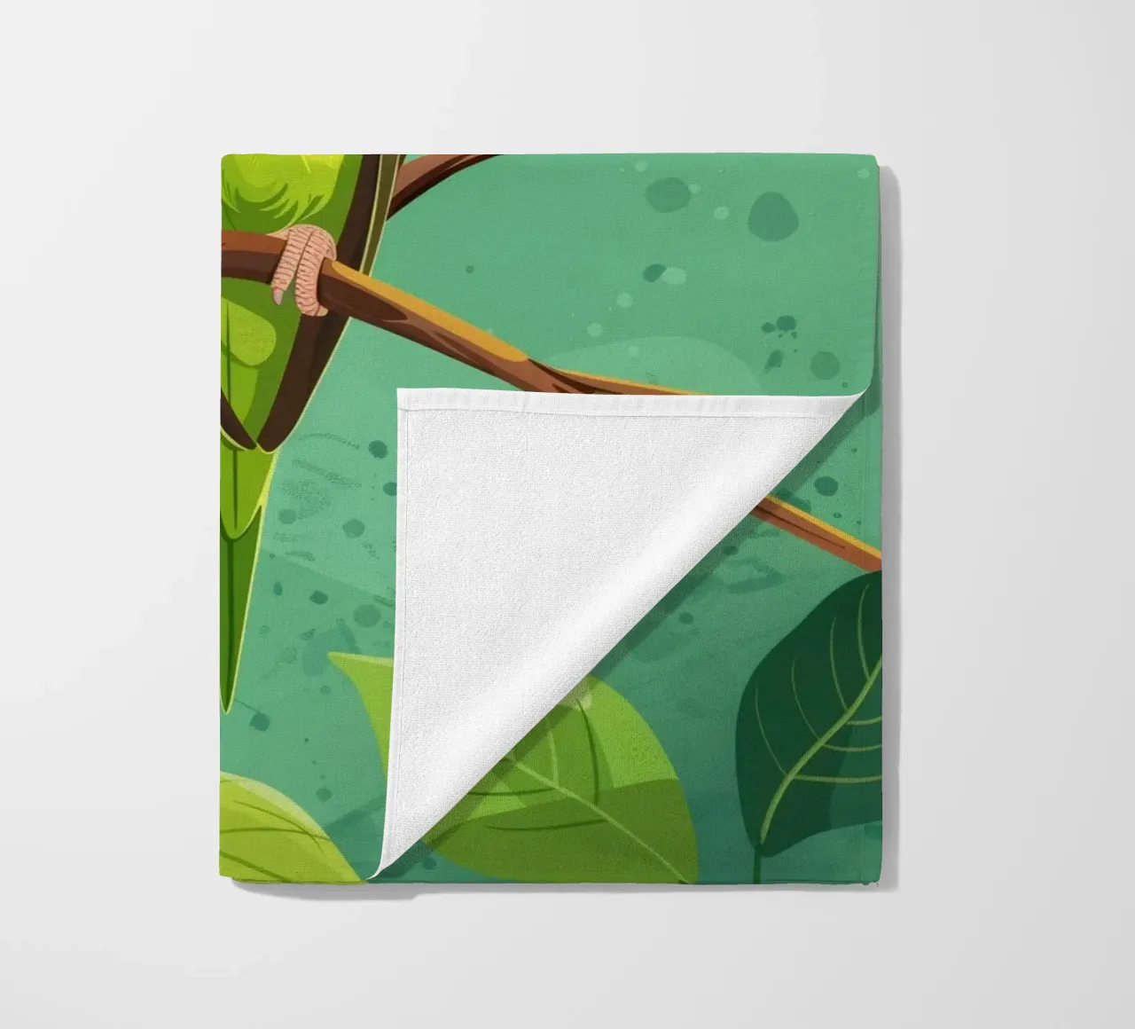 Pappagallino giallo verde appollaiato su un ramo con foglie telo mare da DesignDoodle