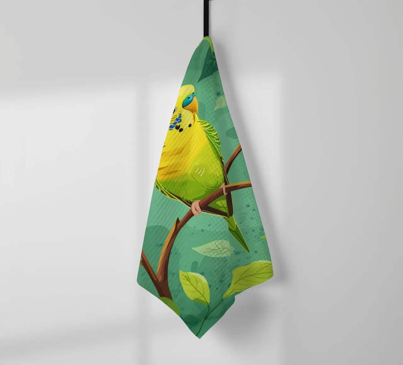 Perruche jaune verte perchée sur une branche avec des feuilles torchon de DesignDoodle