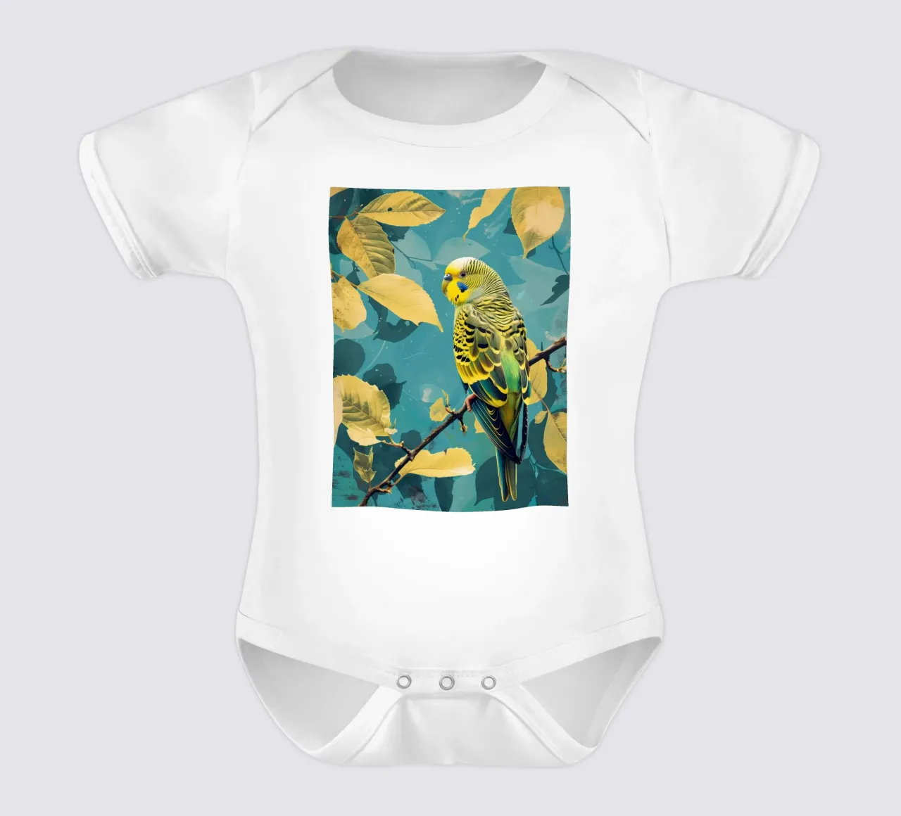 Bunter Wellensittich auf einem Ast inmitten von Herbstlaub Kurzarm Babybody von DesignDoodle