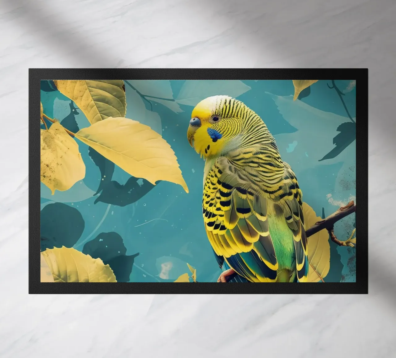 Colorful budgerigar perched on a branch amidst autumn leaves doormat by DesignDoodle