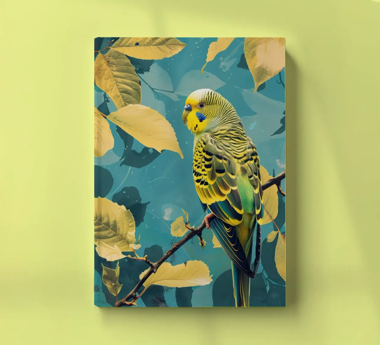 Perruche colorée perchée sur une branche au milieu des feuilles d'automne carnet de notes de DesignDoodle
