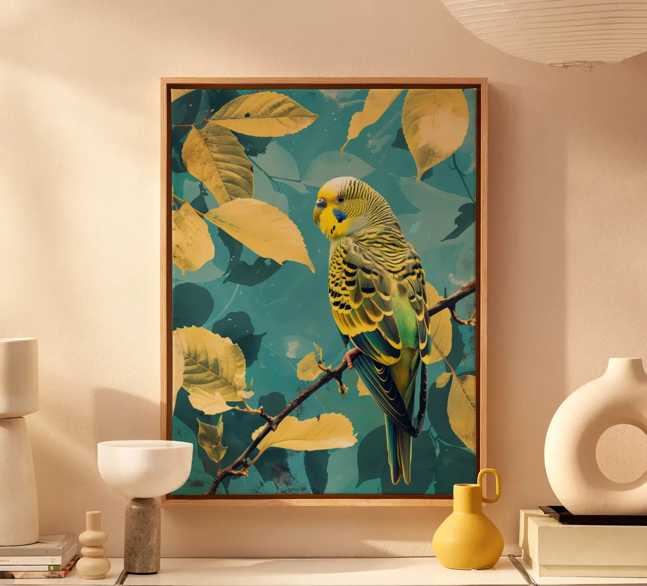 Kleurrijke grasparkiet neergestreken op een tak te midden van herfstbladeren canvas met Baklijst van DesignDoodle