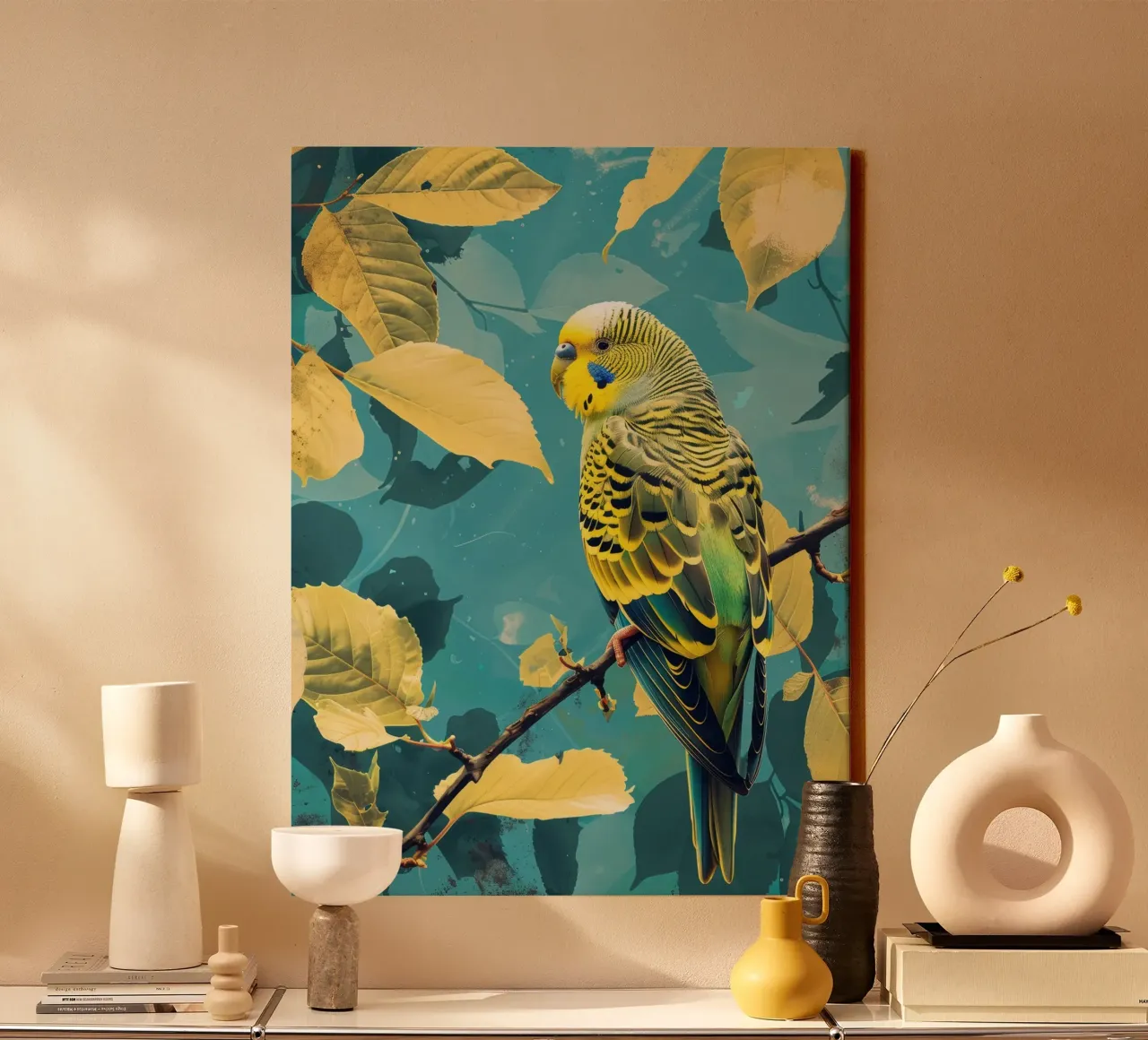 Kleurrijke grasparkiet neergestreken op een tak te midden van herfstbladeren canvas met Baklijst van DesignDoodle