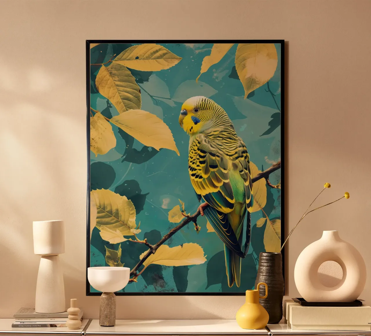 Colorful budgerigar perched on a branch amidst autumn leaves hahnemühle by DesignDoodle