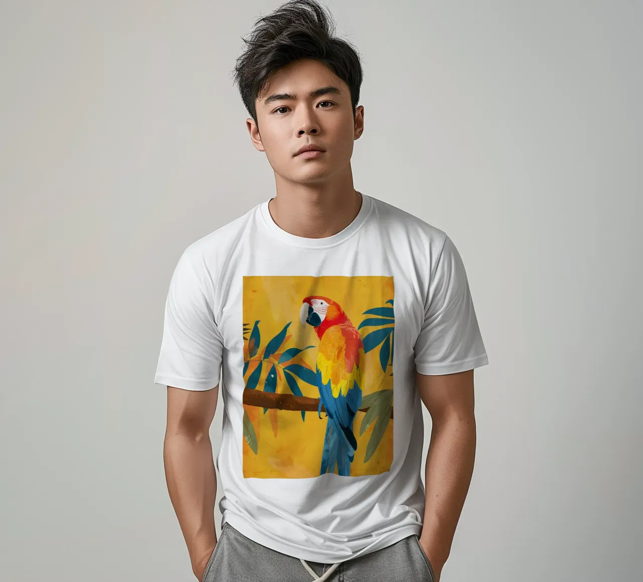 Macao appollaiato su un ramo circondato da fogliame tropicale t-shirt da DesignDoodle