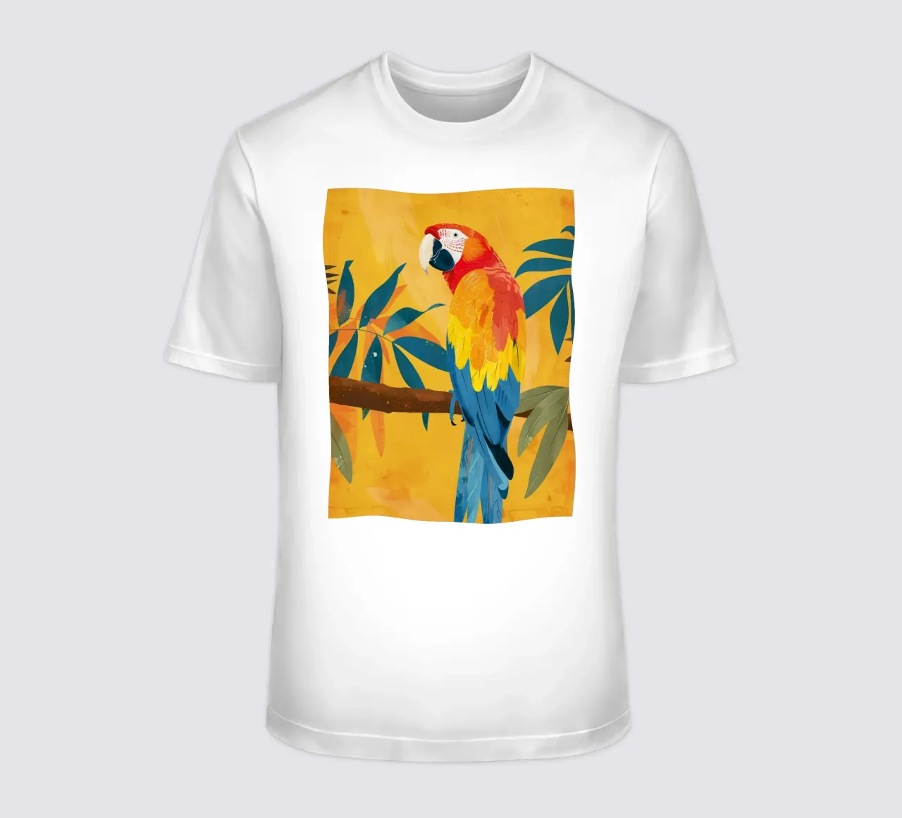 Macao appollaiato su un ramo circondato da fogliame tropicale t-shirt da DesignDoodle