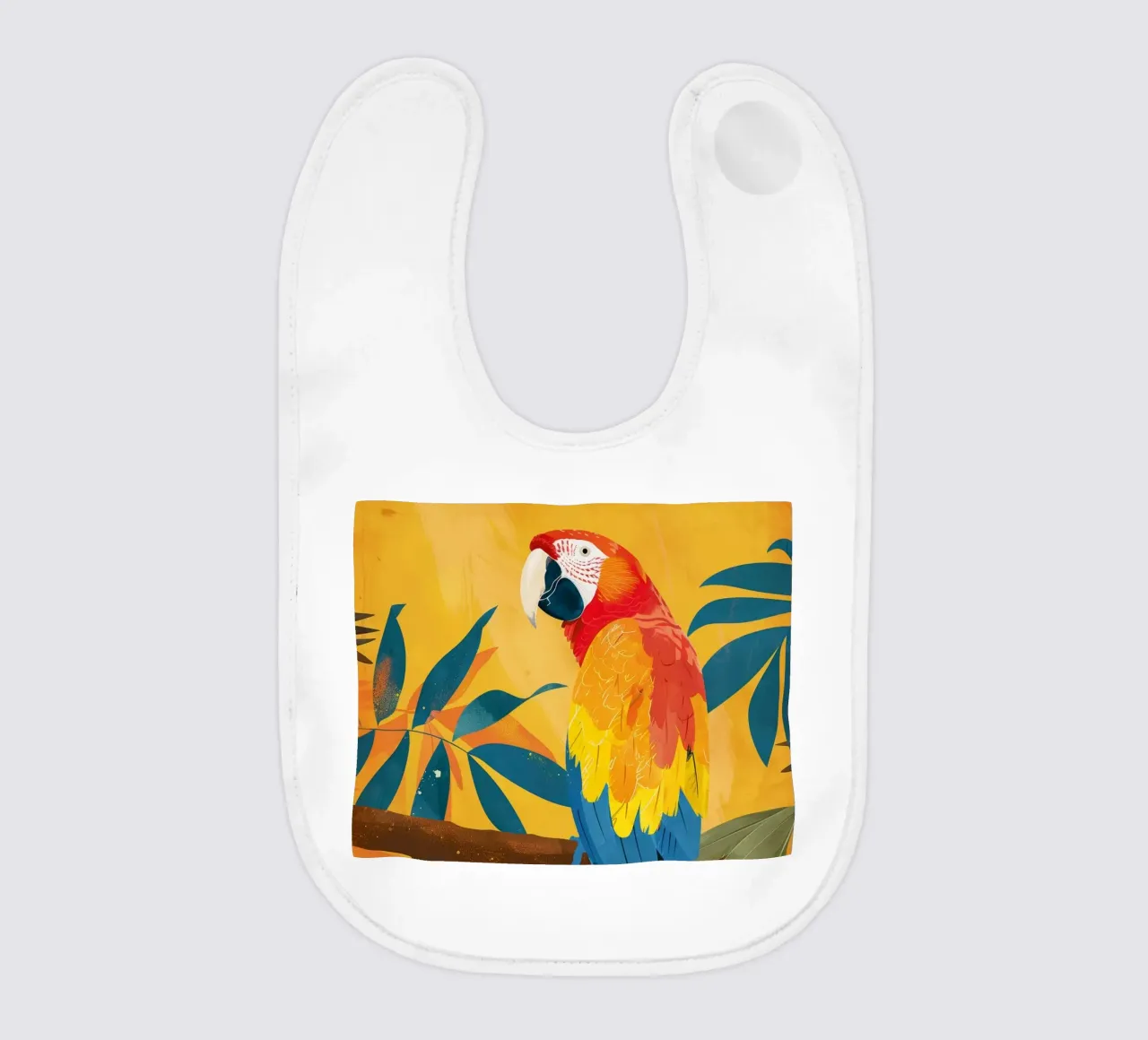 Macaw perched on a branch surrounded by tropical foliage baby bib by DesignDoodle