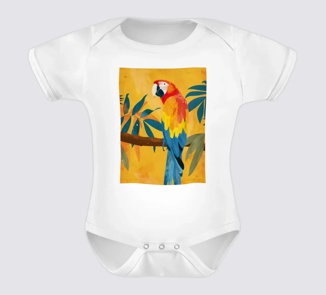 Ara auf einem Ast, umgeben von tropischem Laub Kurzarm Babybody von DesignDoodle