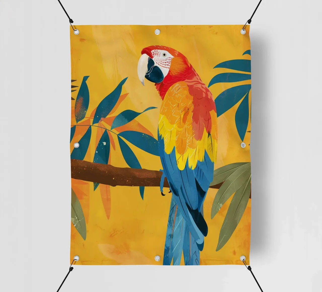 Macao appollaiato su un ramo circondato da fogliame tropicale telo in pvc da DesignDoodle