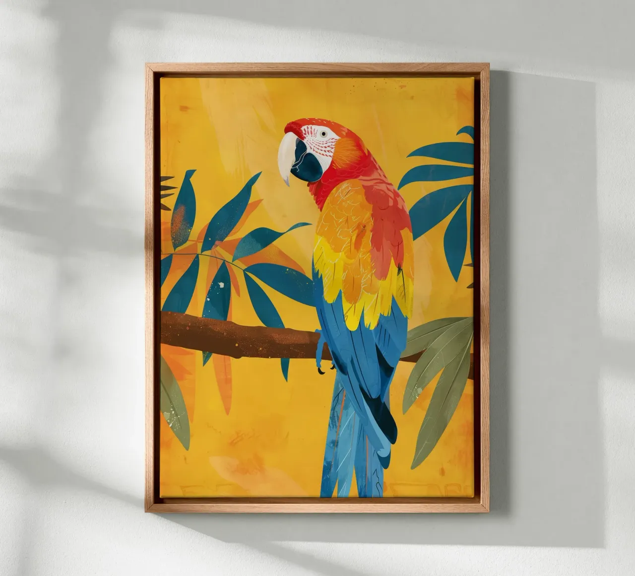 Macaw perched on a branch surrounded by tropical foliage canvas with Floater frame by DesignDoodle