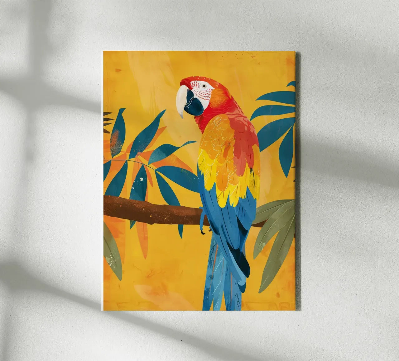 Macaw perched on a branch surrounded by tropical foliage canvas with Floater frame by DesignDoodle
