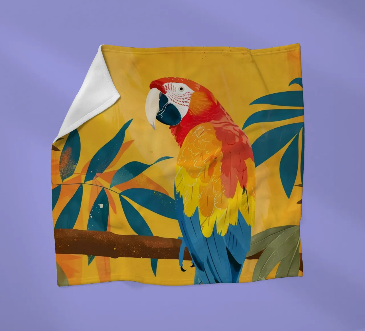 Macao appollaiato su un ramo circondato da fogliame tropicale coperta in pile da DesignDoodle