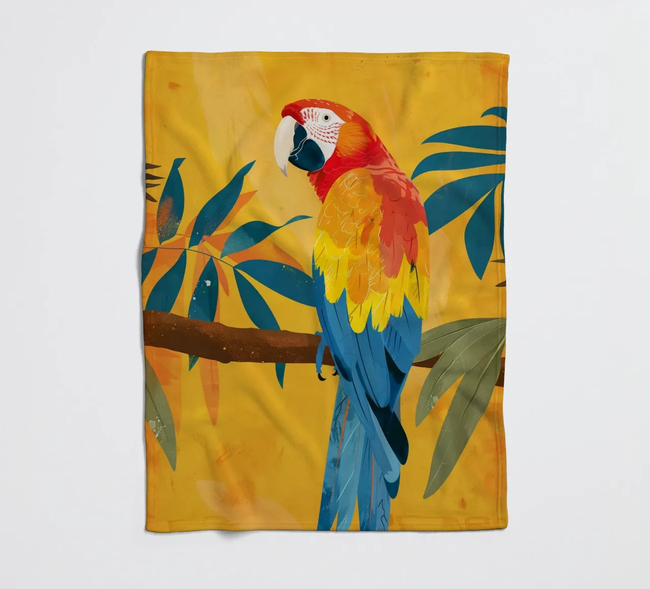 Macao appollaiato su un ramo circondato da fogliame tropicale coperta in pile da DesignDoodle