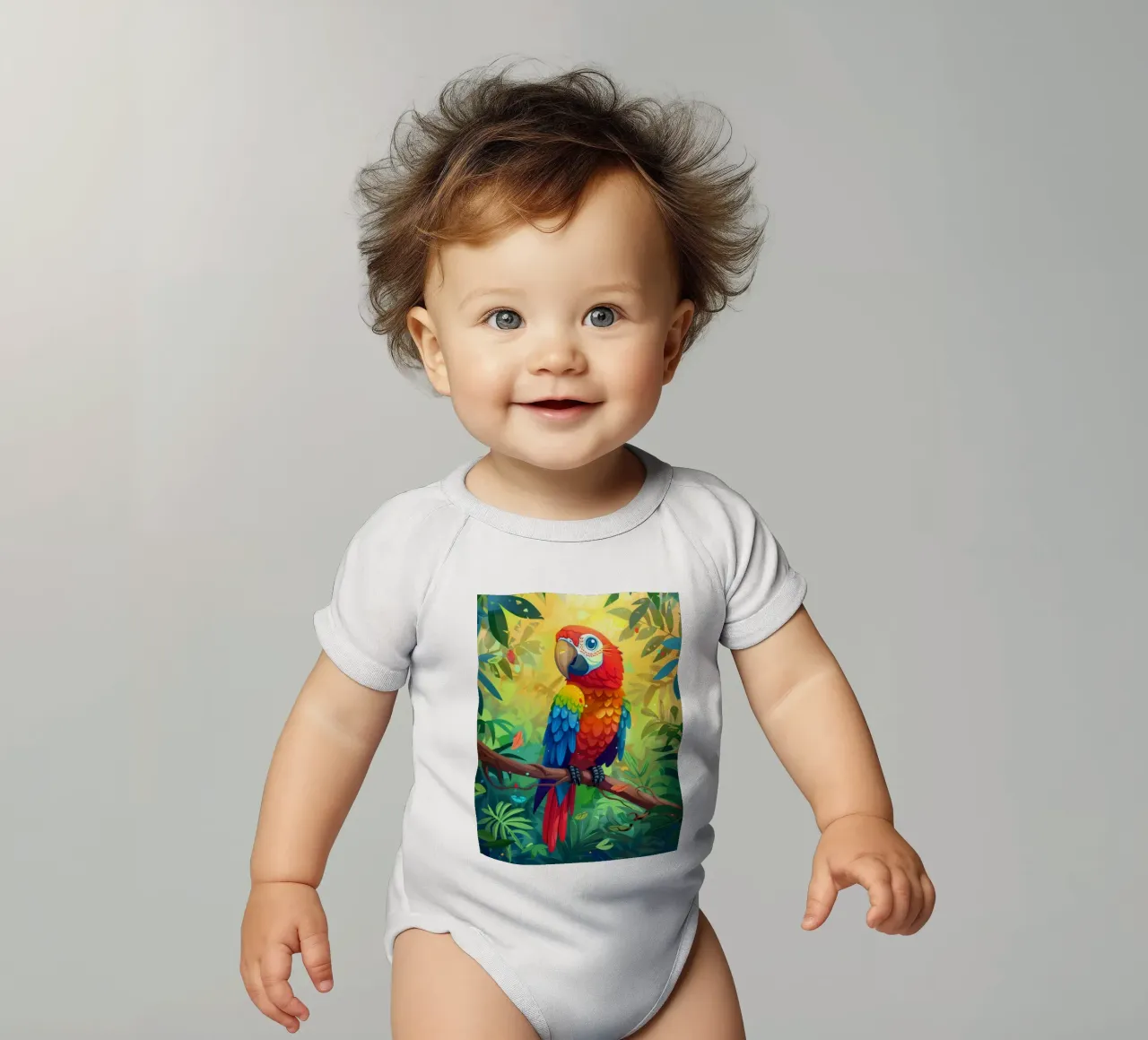 Pappagallo dai colori vivaci appollaiato su un ramo in mezzo a una vegetazione lussureggiante body neonato maniche corte da DesignDoodle