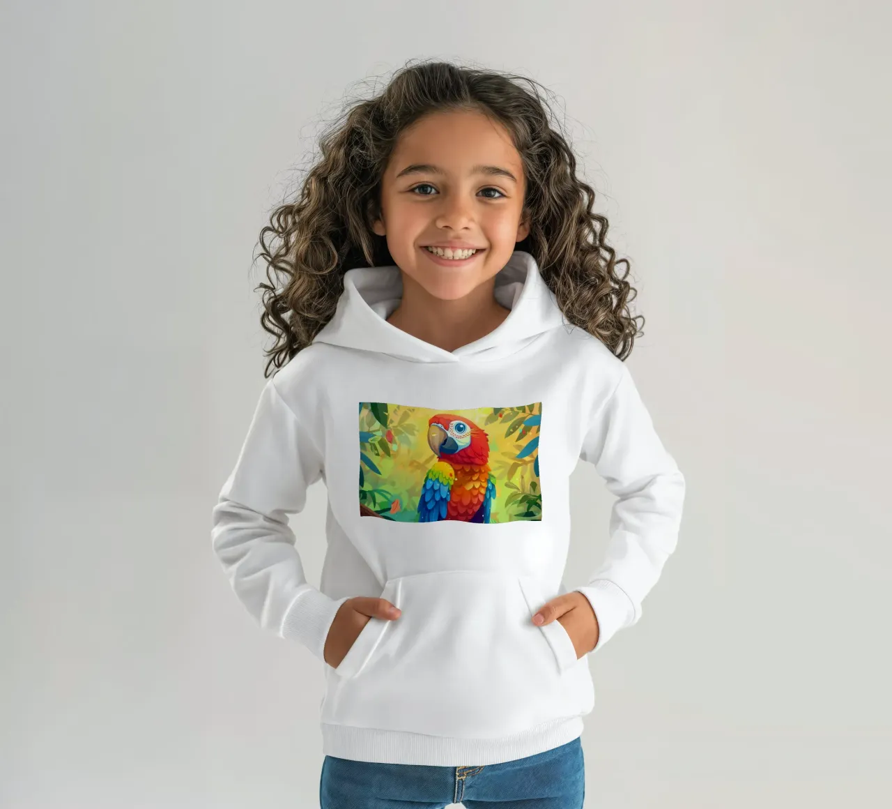 Pappagallo dai colori vivaci appollaiato su un ramo in mezzo a una vegetazione lussureggiante felpa bambino con cappuccio da DesignDoodle