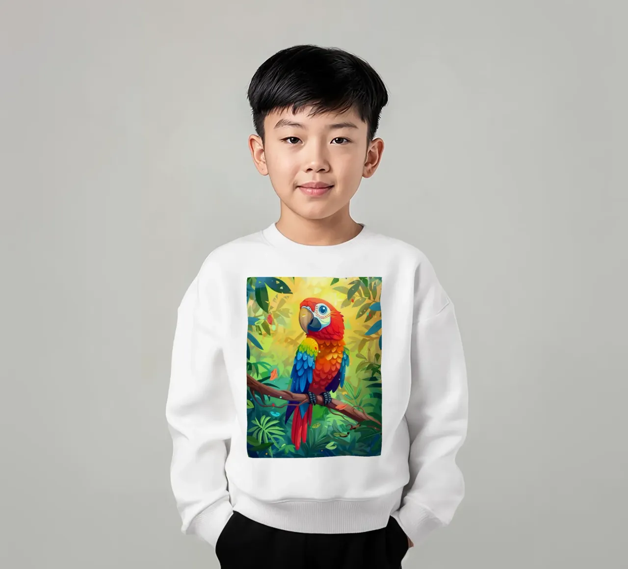 Pappagallo dai colori vivaci appollaiato su un ramo in mezzo a una vegetazione lussureggiante felpa bambino da DesignDoodle