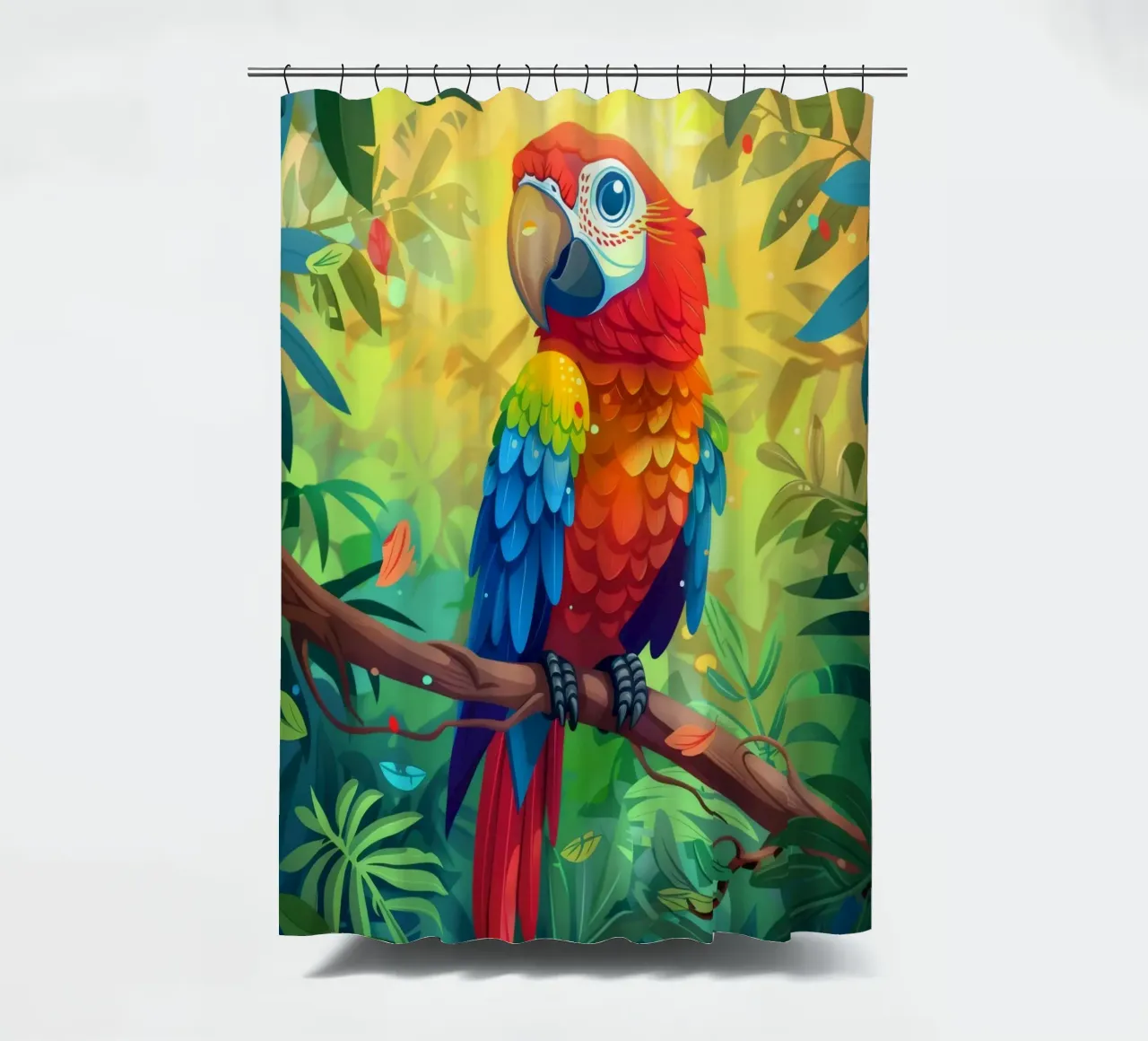 Pappagallo dai colori vivaci appollaiato su un ramo in mezzo a una vegetazione lussureggiante tenda da doccia da DesignDoodle