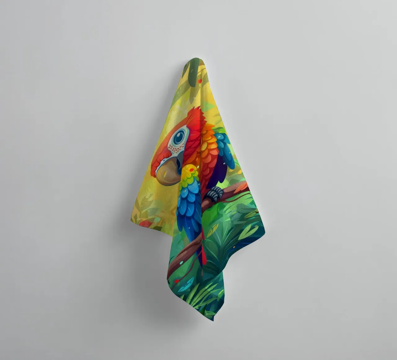 Pappagallo dai colori vivaci appollaiato su un ramo in mezzo a una vegetazione lussureggiante asciugamano da bagno da DesignDoodle