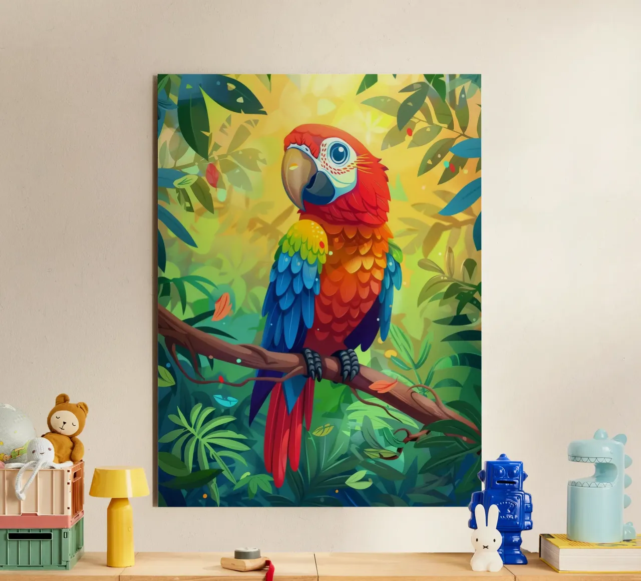 Pappagallo dai colori vivaci appollaiato su un ramo in mezzo a una vegetazione lussureggiante alluminio dibond da DesignDoodle