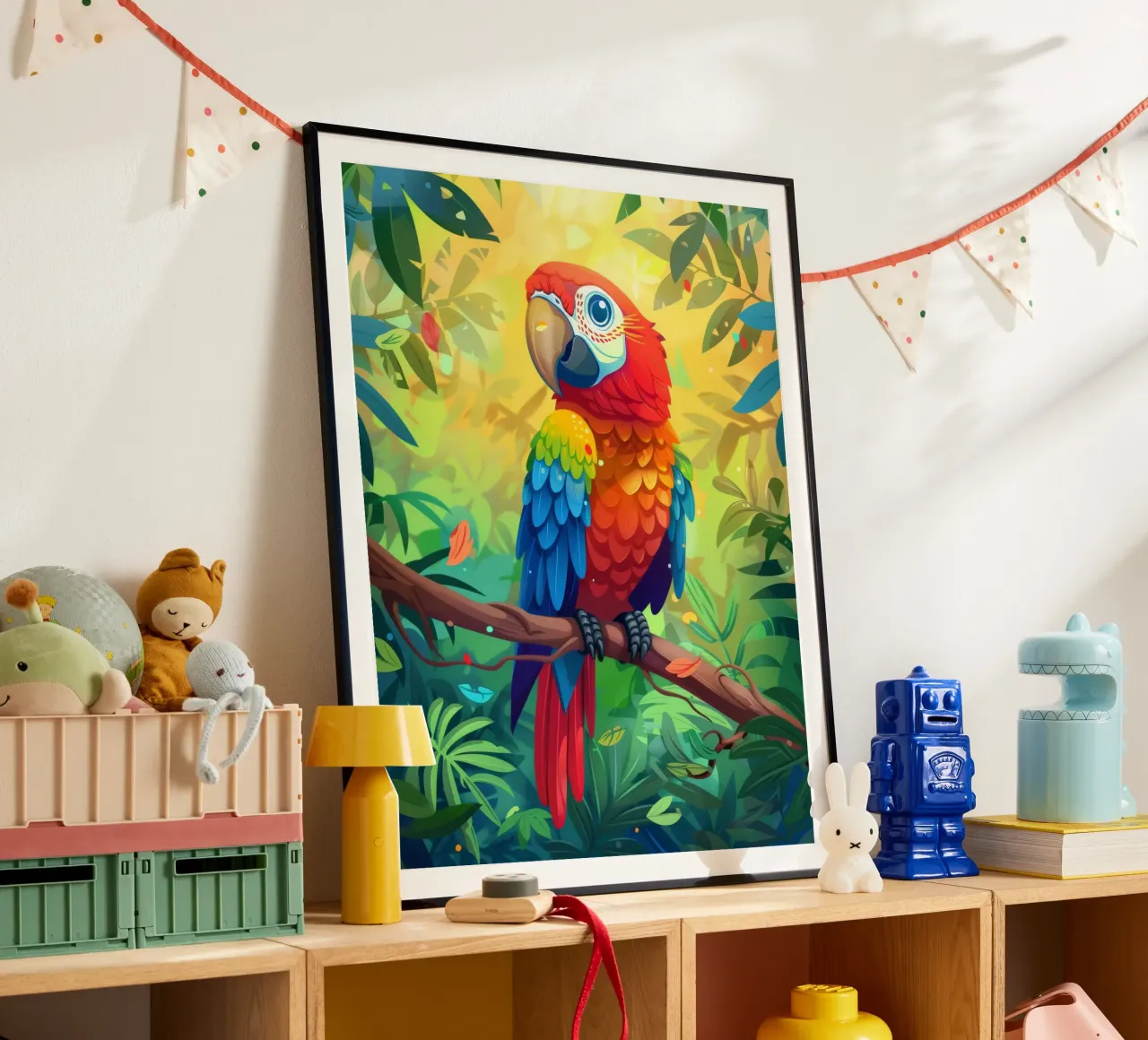 Pappagallo dai colori vivaci appollaiato su un ramo in mezzo a una vegetazione lussureggiante carta hahnemühle da DesignDoodle