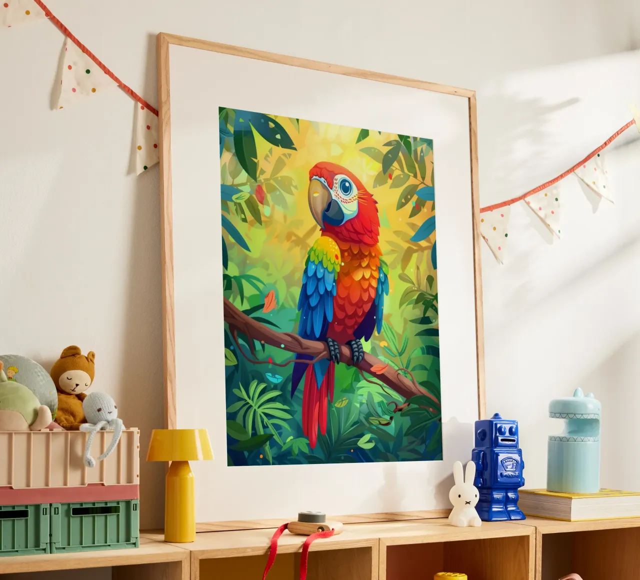 Pappagallo dai colori vivaci appollaiato su un ramo in mezzo a una vegetazione lussureggiante carta hahnemühle da DesignDoodle