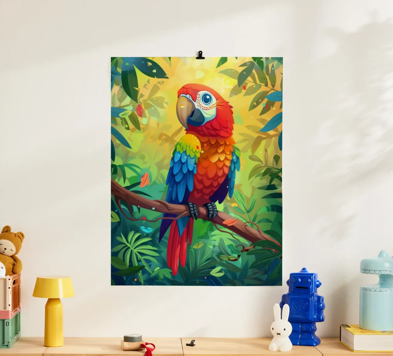 Pappagallo dai colori vivaci appollaiato su un ramo in mezzo a una vegetazione lussureggiante carta hahnemühle da DesignDoodle