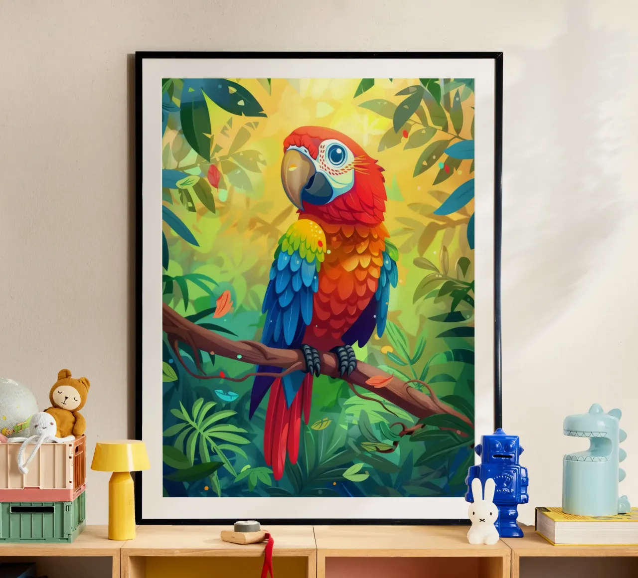 Pappagallo dai colori vivaci appollaiato su un ramo in mezzo a una vegetazione lussureggiante carta hahnemühle da DesignDoodle