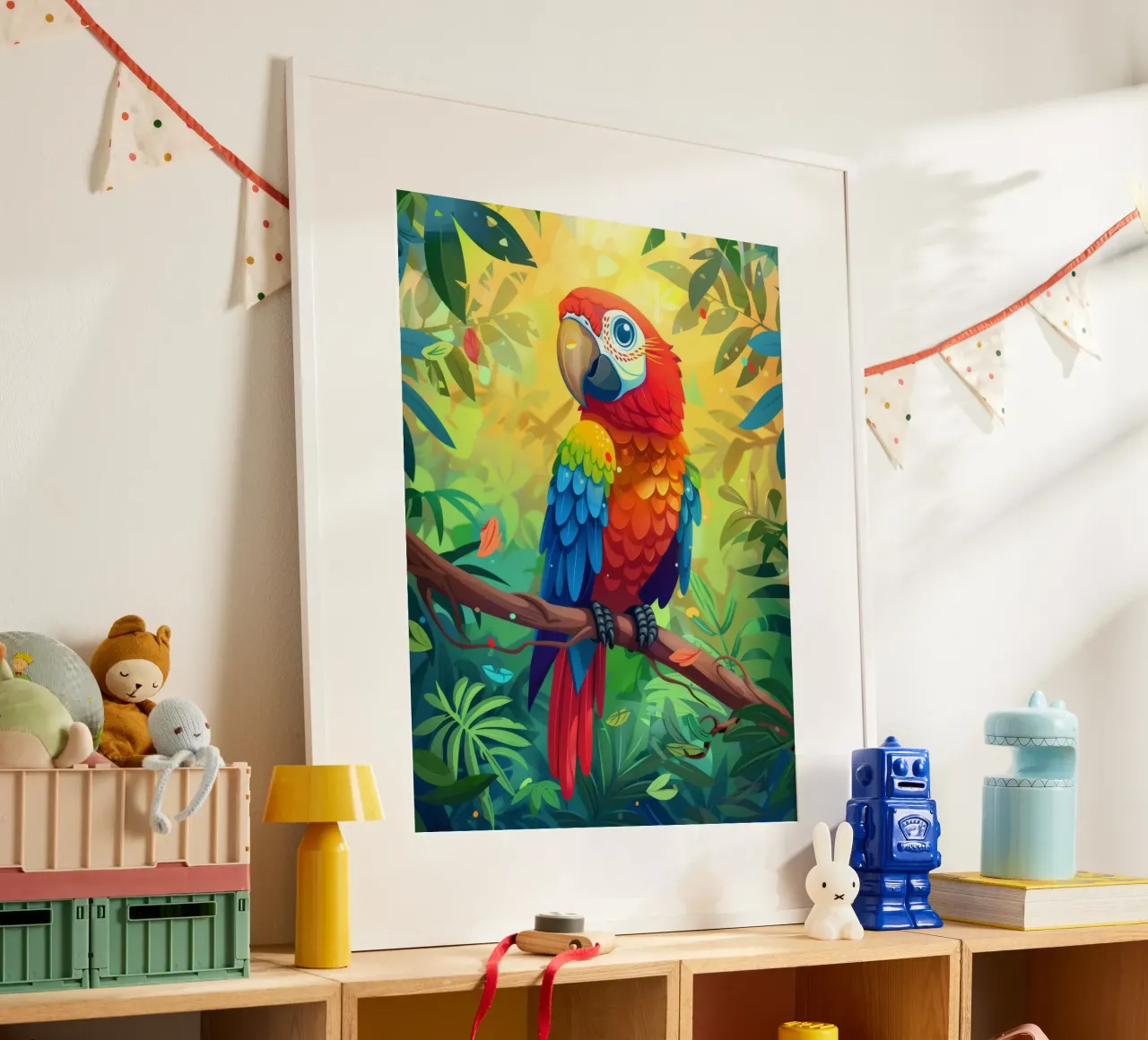 Pappagallo dai colori vivaci appollaiato su un ramo in mezzo a una vegetazione lussureggiante carta hahnemühle da DesignDoodle