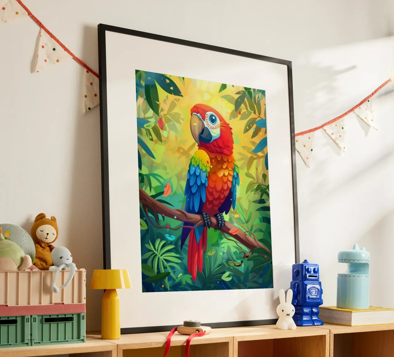 Pappagallo dai colori vivaci appollaiato su un ramo in mezzo a una vegetazione lussureggiante carta hahnemühle da DesignDoodle