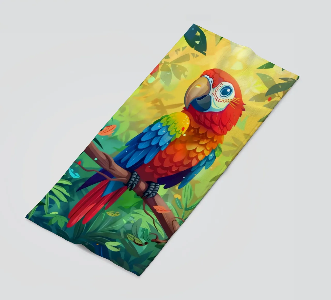 Pappagallo dai colori vivaci appollaiato su un ramo in mezzo a una vegetazione lussureggiante telo mare da DesignDoodle