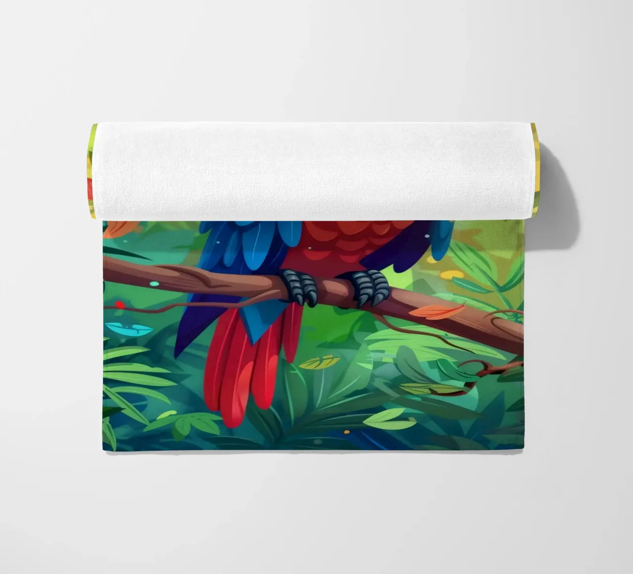 Pappagallo dai colori vivaci appollaiato su un ramo in mezzo a una vegetazione lussureggiante telo mare da DesignDoodle