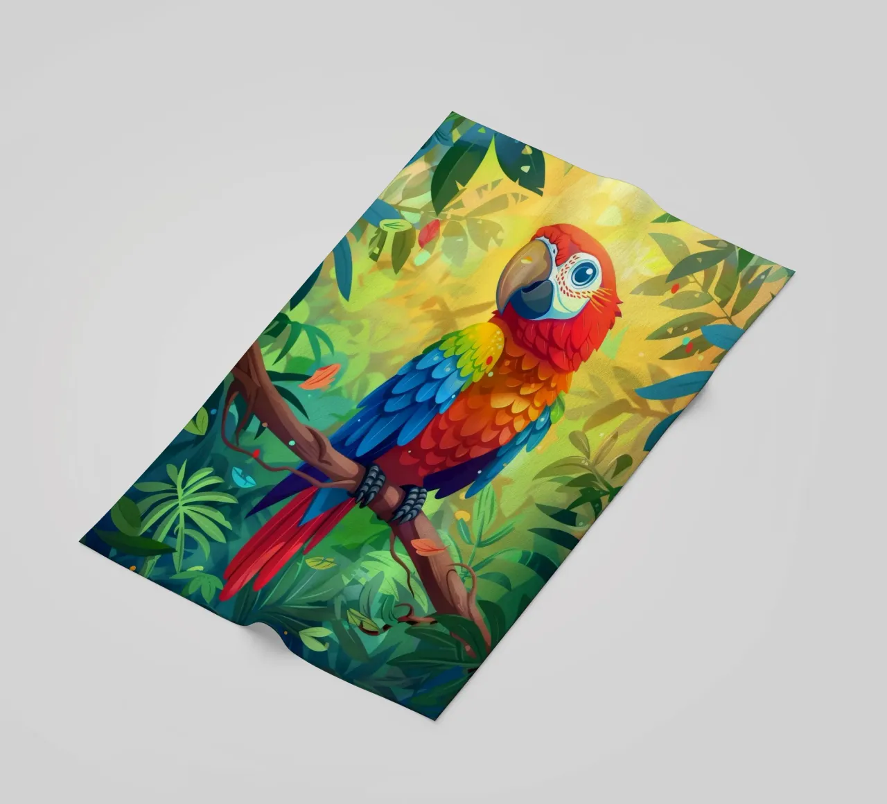Pappagallo dai colori vivaci appollaiato su un ramo in mezzo a una vegetazione lussureggiante telo mare da DesignDoodle