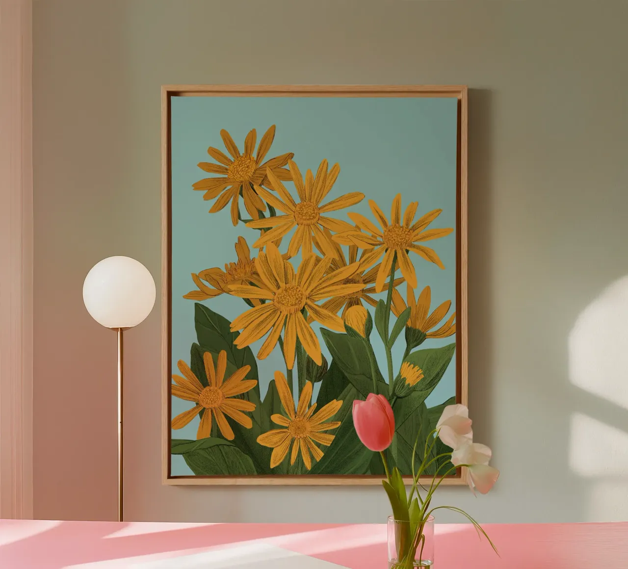 Gele bloemen print - Silja Goetz canvas met Baklijst van Monillustrations