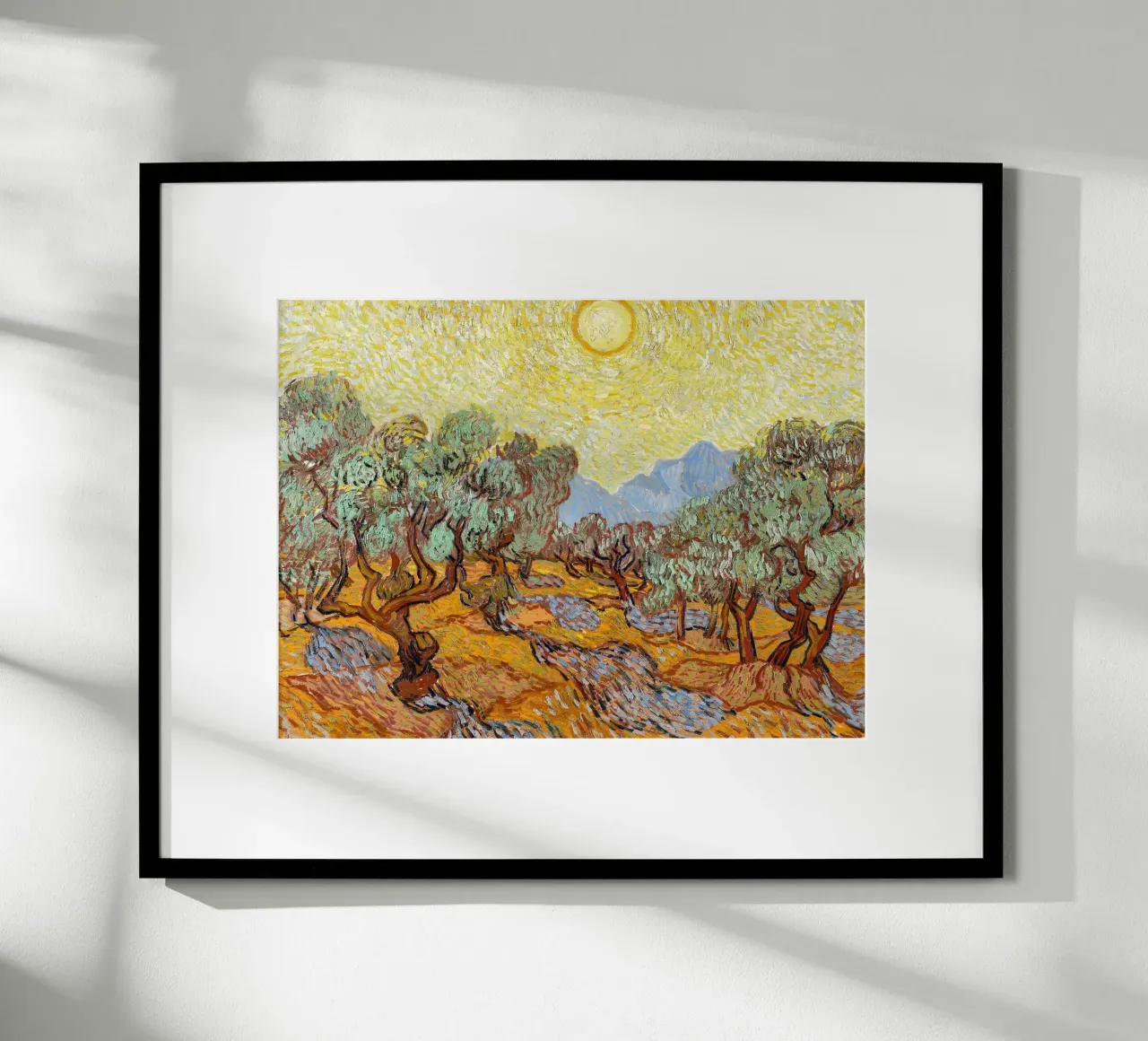 Olive Trees with Yellow Sky and Sun - Vincent van Gogh poster with aluminum frame by Sylviepaint