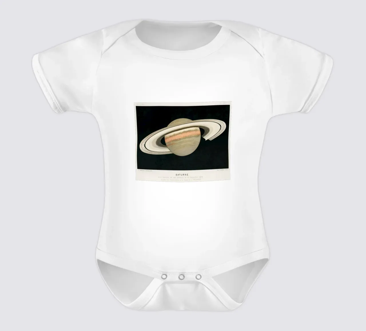 The Planet Saturn (1877) Lithograph by F. Meheux – short-sleeve baby romper by Venus Art