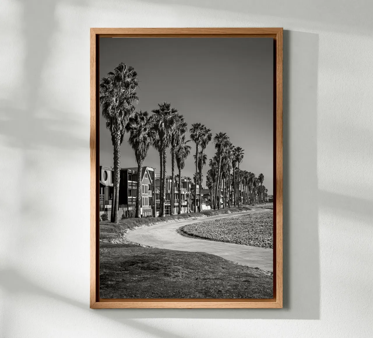 Lungomare di Venice Beach con palme in bianco e nero tela con Cornice a cassetta da Finch & Frames