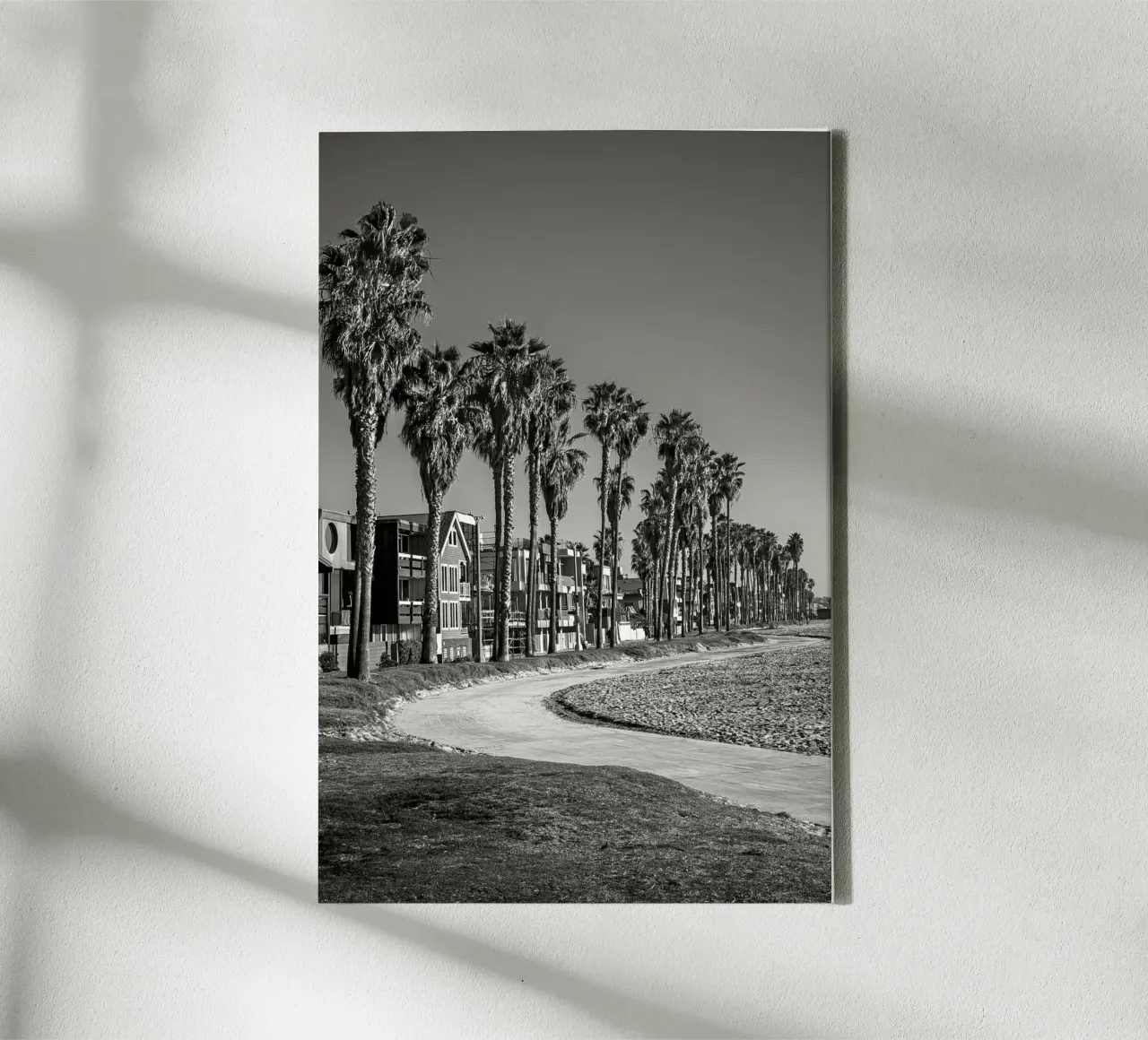 Lungomare di Venice Beach con palme in bianco e nero tela con Cornice a cassetta da Finch & Frames