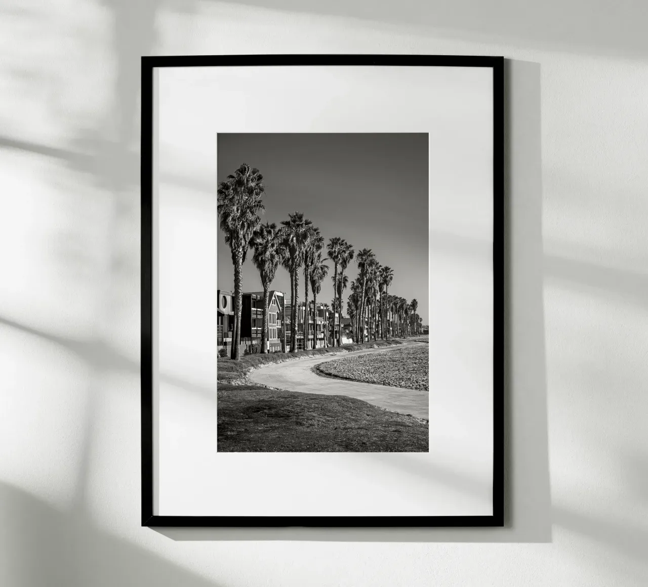 Lungomare di Venice Beach con palme in bianco e nero poster con telaio in plastica da Finch & Frames