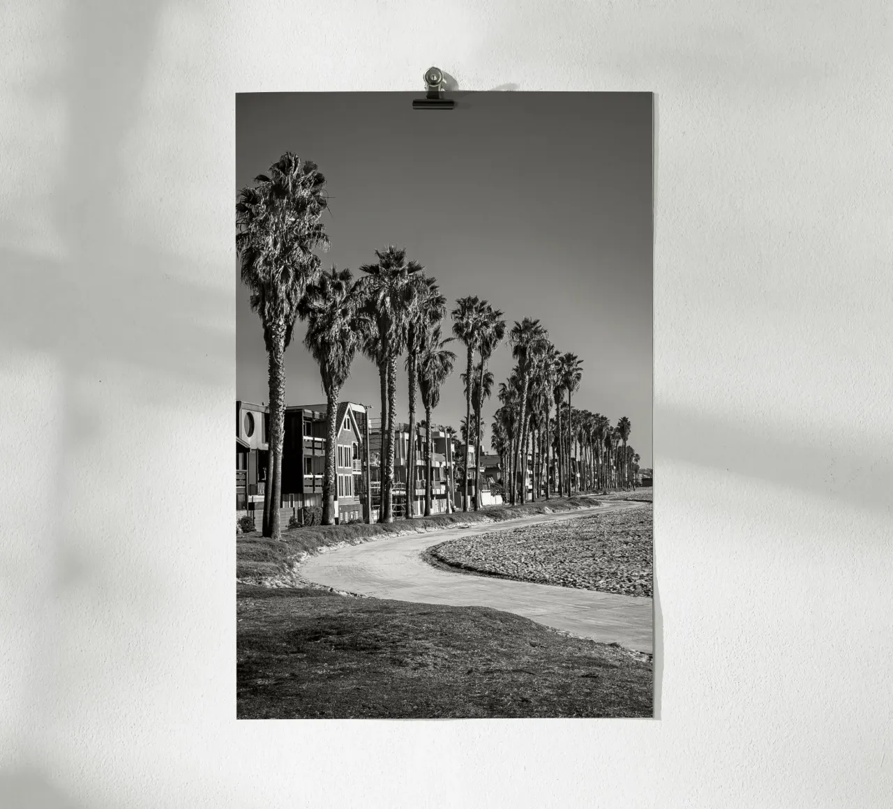 Lungomare di Venice Beach con palme in bianco e nero poster con telaio in plastica da Finch & Frames