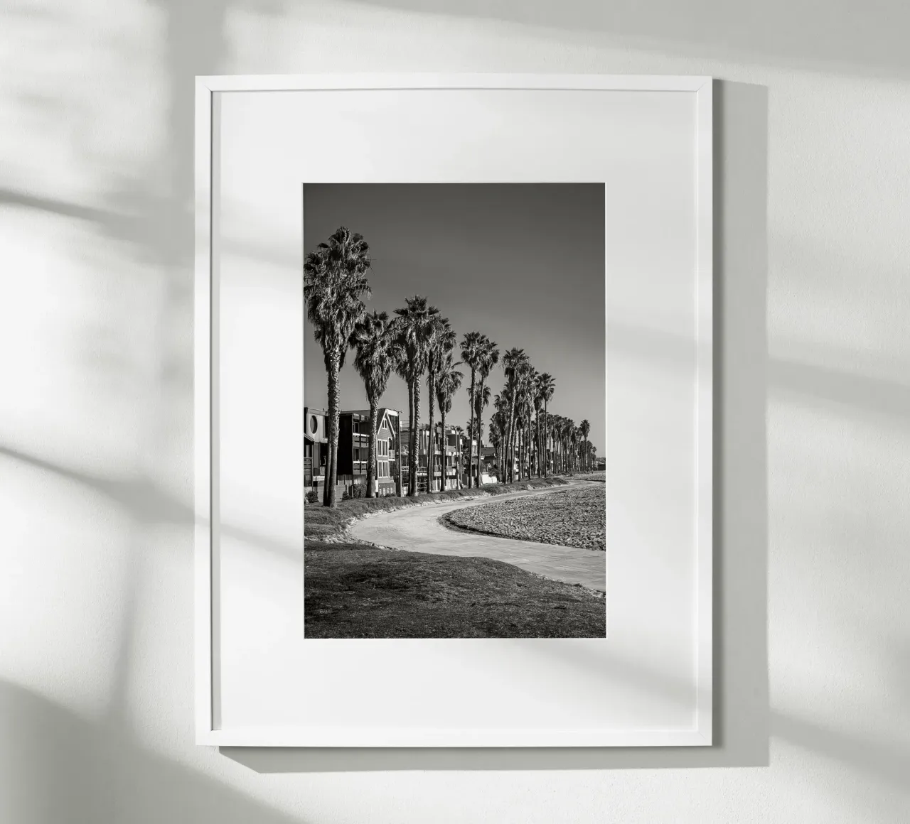 Lungomare di Venice Beach con palme in bianco e nero poster con telaio in plastica da Finch & Frames