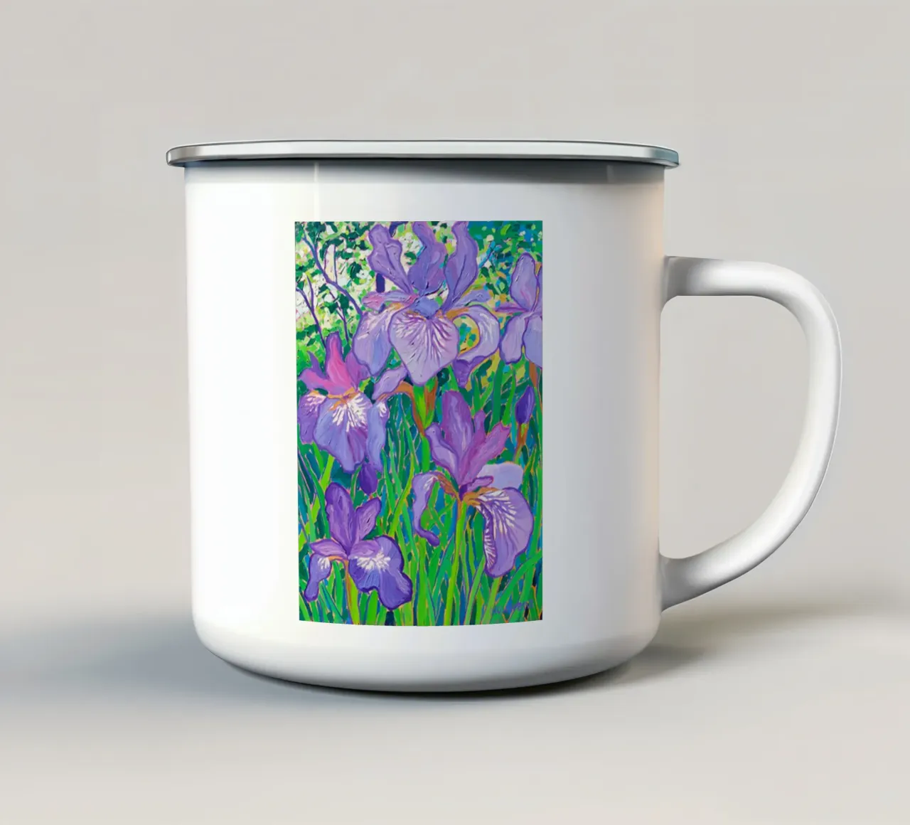 Iris danzanti alla luce della primavera tazza in smalto da ValerieArt