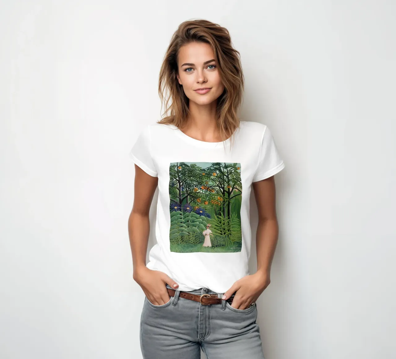 Femme marchant dans une forêt exotique Henri Rousseau t-shirt ajusté pour femmes de Art History