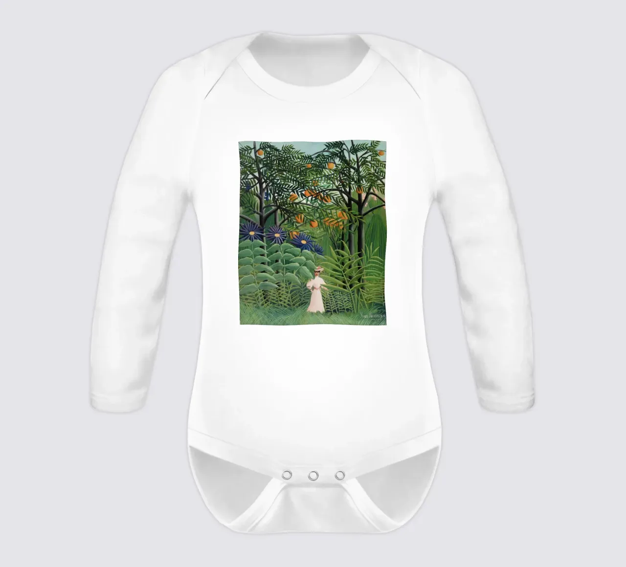Wandelende vrouw in een exotisch bos Henri Rousseau babyrompertje lange mouwen van Art History